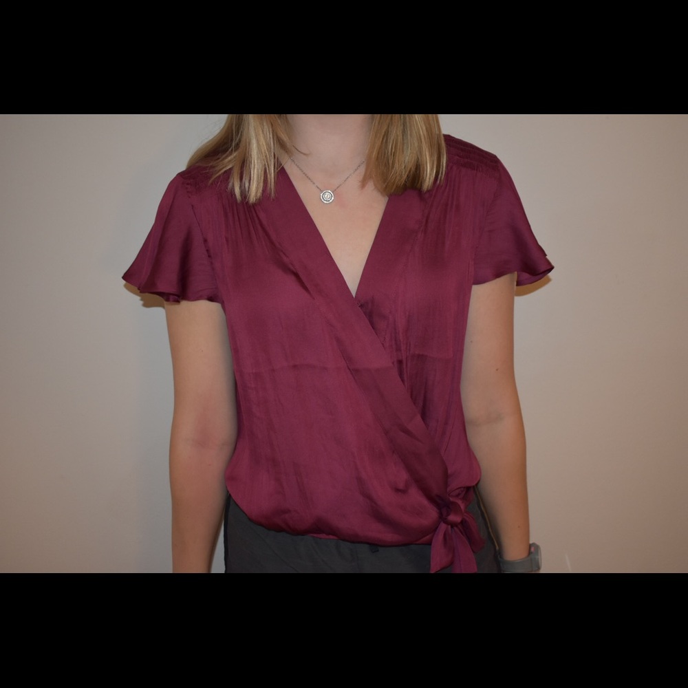 Red satin wrap blouse